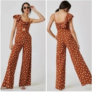 Maeve Anthropologie Jumpsuit 6 Petite Brown Polka Dot One Shoulder Wide Leg Boho
